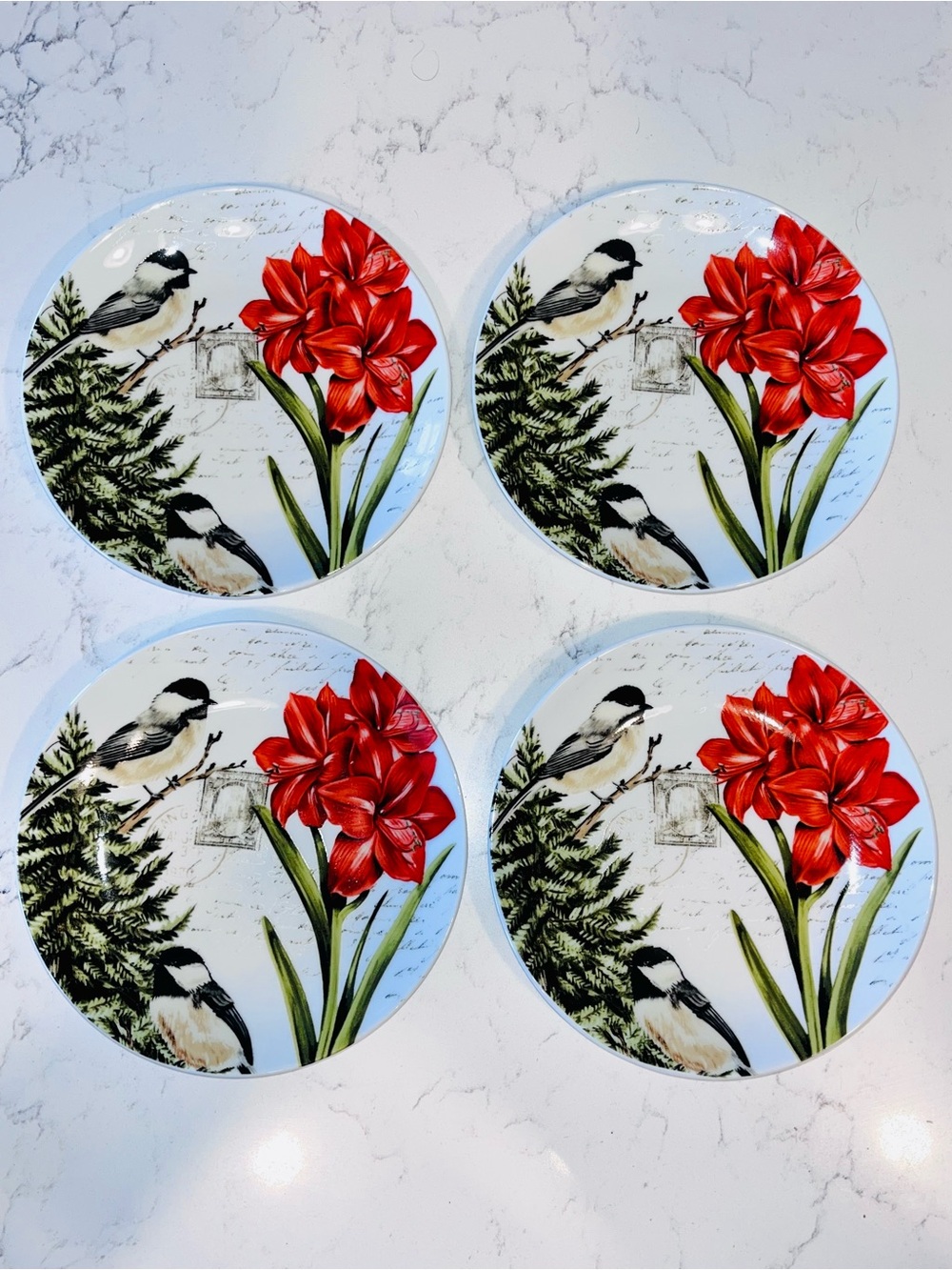 222 Fifth Winter Cheer Bird, Amaryllis  6.5” Holiday Winter Set of 4 Plates